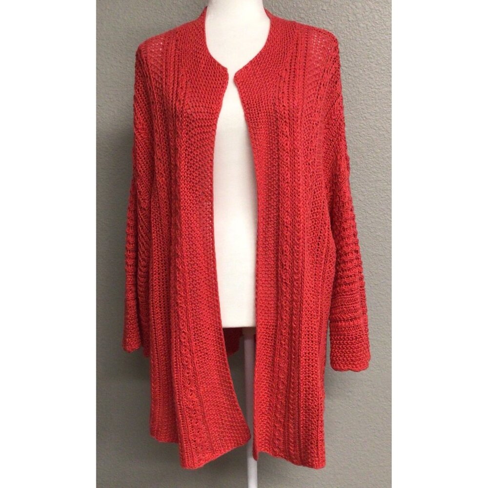Eddie Bauer 100% Linen Chunky Knit Open Cable Knit Cardigan Red Size XXL 2XL